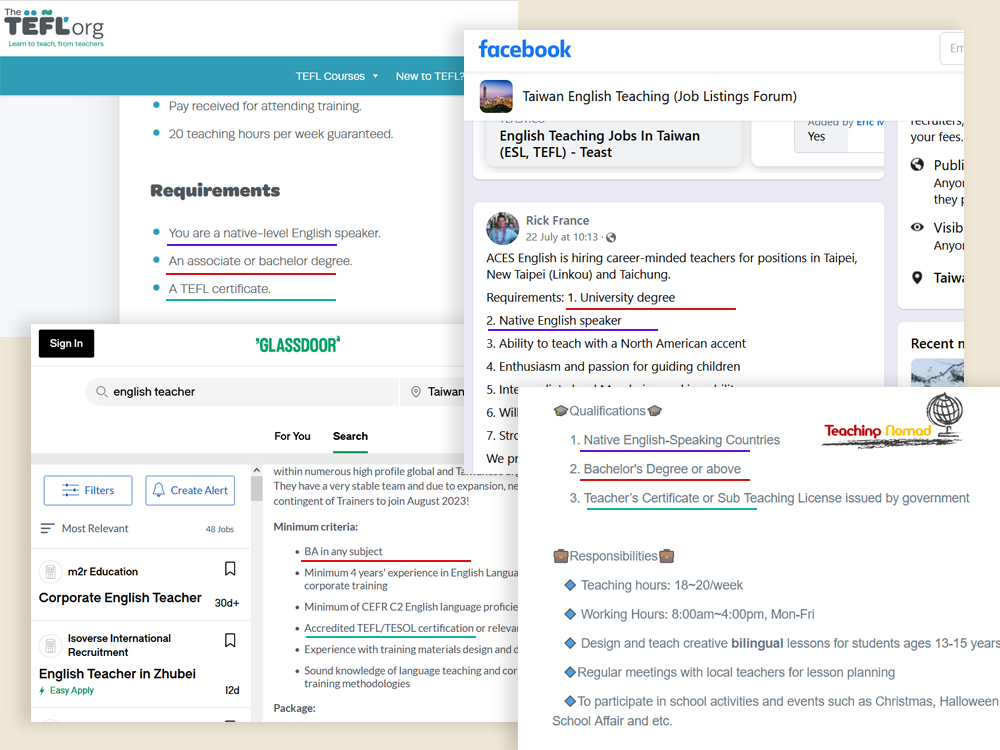 Job listings in Taiwan showing requirements